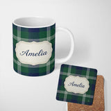 Personalized Custom Name Green Blue Modern Tartan Plaid Texture Seamless Pattern Name Cute 11oz Ceramic Coffee Tea Mug White Large Handle