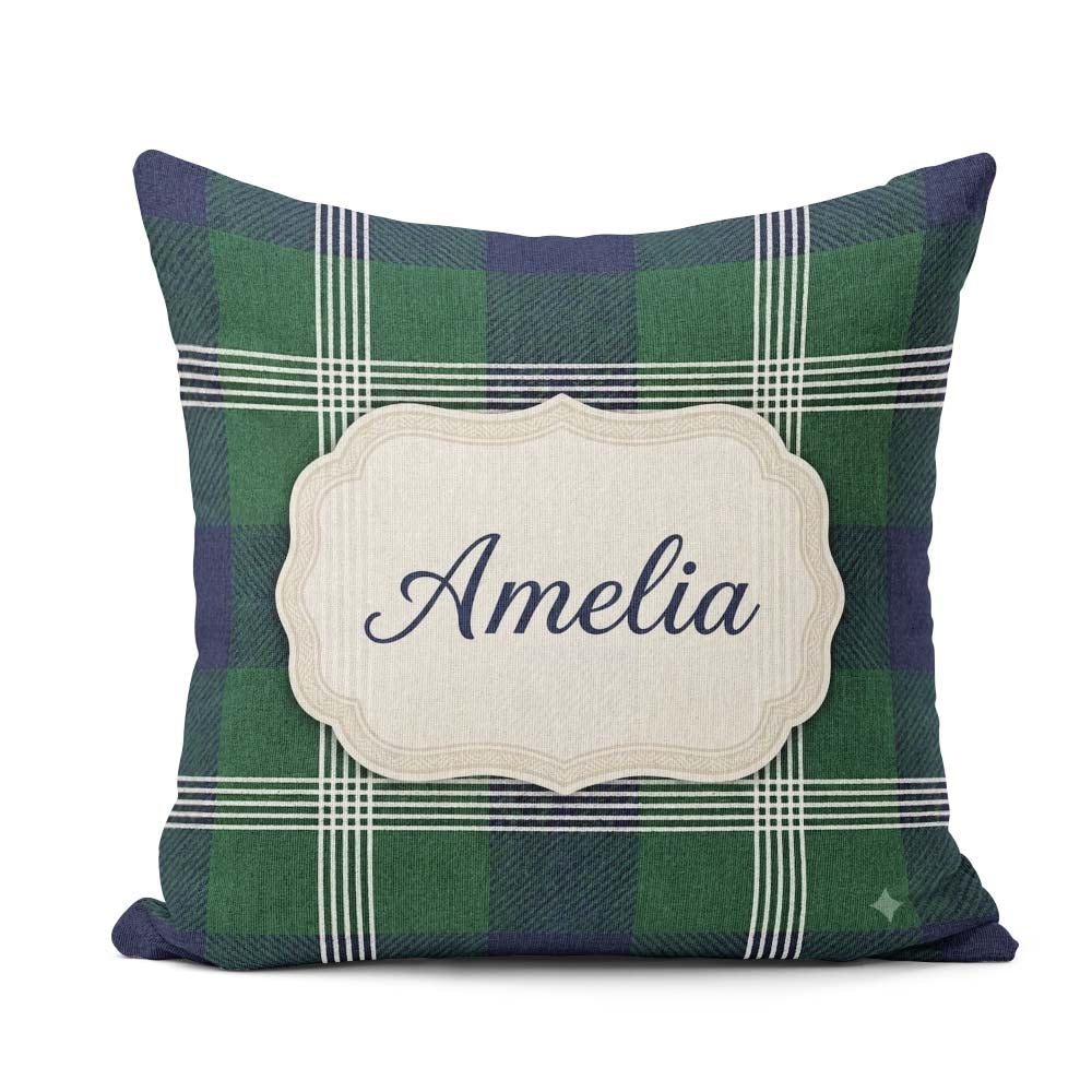 Custom Name Green Blue Modern Tartan Plaid Texture Seamless Name Square Filled Cushion Throw Pillow Sofa Bed Home Decor Zip Washable UK Made