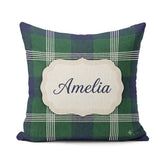 Custom Name Green Blue Modern Tartan Plaid Texture Seamless Name Square Filled Cushion Throw Pillow Sofa Bed Home Decor Zip Washable UK Made