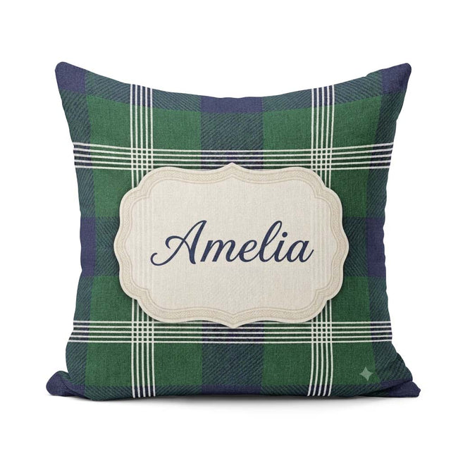 Custom Name Green Blue Modern Tartan Plaid Texture Seamless Name Square Filled Cushion Throw Pillow Sofa Bed Home Decor Zip Washable UK Made