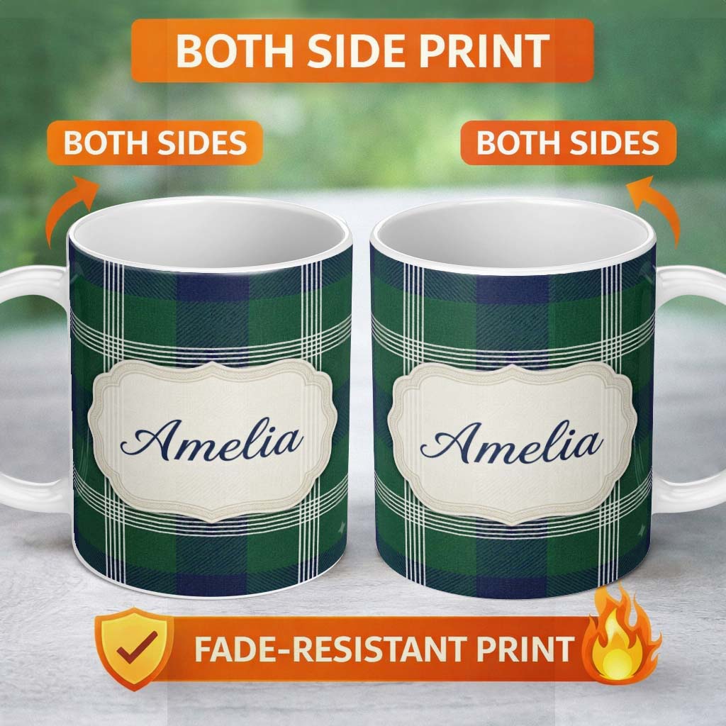 Personalized Custom Name Green Blue Modern Tartan Plaid Texture Seamless Pattern Name Cute 11oz Ceramic Coffee Tea Mug White Large Handle
