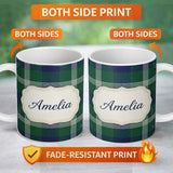 Personalized Custom Name Green Blue Modern Tartan Plaid Texture Seamless Pattern Name Cute 11oz Ceramic Coffee Tea Mug White Large Handle