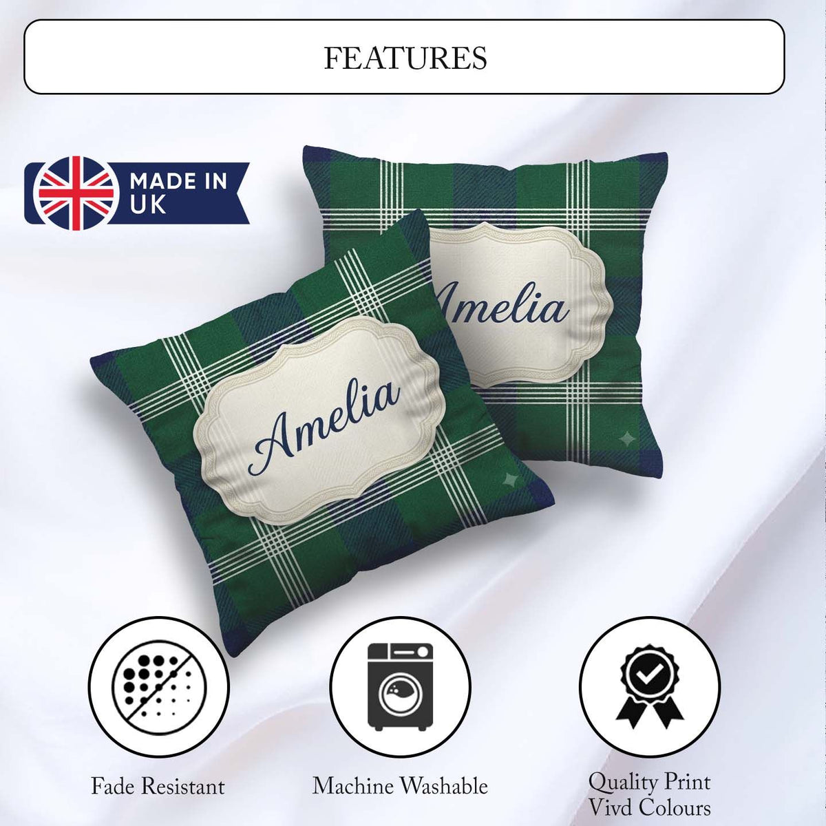 Custom Name Green Blue Modern Tartan Plaid Texture Seamless Name Square Filled Cushion Throw Pillow Sofa Bed Home Decor Zip Washable UK Made