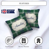 Custom Name Green Blue Modern Tartan Plaid Texture Seamless Name Square Filled Cushion Throw Pillow Sofa Bed Home Decor Zip Washable UK Made