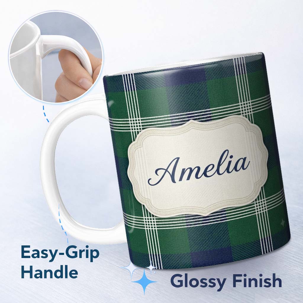 Personalized Custom Name Green Blue Modern Tartan Plaid Texture Seamless Pattern Name Cute 11oz Ceramic Coffee Tea Mug White Large Handle