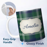Personalized Custom Name Green Blue Modern Tartan Plaid Texture Seamless Pattern Name Cute 11oz Ceramic Coffee Tea Mug White Large Handle