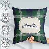 Custom Name Green Blue Modern Tartan Plaid Texture Seamless Name Square Filled Cushion Throw Pillow Sofa Bed Home Decor Zip Washable UK Made