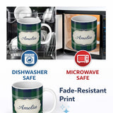 Personalized Custom Name Green Blue Modern Tartan Plaid Texture Seamless Pattern Name Cute 11oz Ceramic Coffee Tea Mug White Large Handle