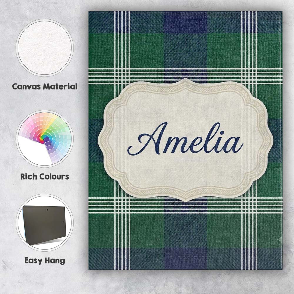 Personalised Name Green Blue Modern Tartan Custom  Unique Gift Idea Elegant Feature Canvas Wall Art Print Decor Picture Ready to Hang