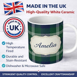 Personalized Custom Name Green Blue Modern Tartan Plaid Texture Seamless Pattern Name Cute 11oz Ceramic Coffee Tea Mug White Large Handle