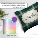 Custom Name Green Blue Modern Tartan Plaid Texture Seamless Name Square Filled Cushion Throw Pillow Sofa Bed Home Decor Zip Washable UK Made