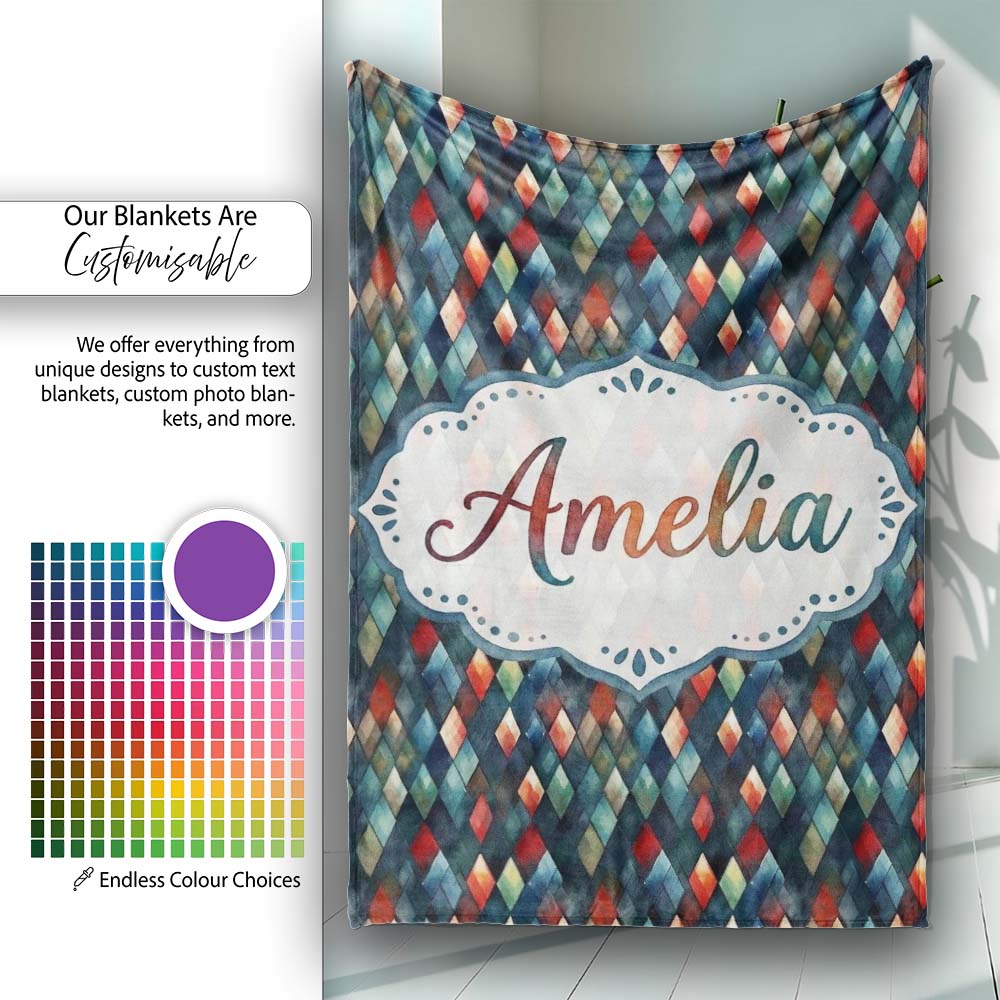Dark Abstract Diamond Seamless Pattern in Blue Red Cute Unique Gift  Personalised Custom Name Super Soft Fleece Blanket Bed Sofa Throw