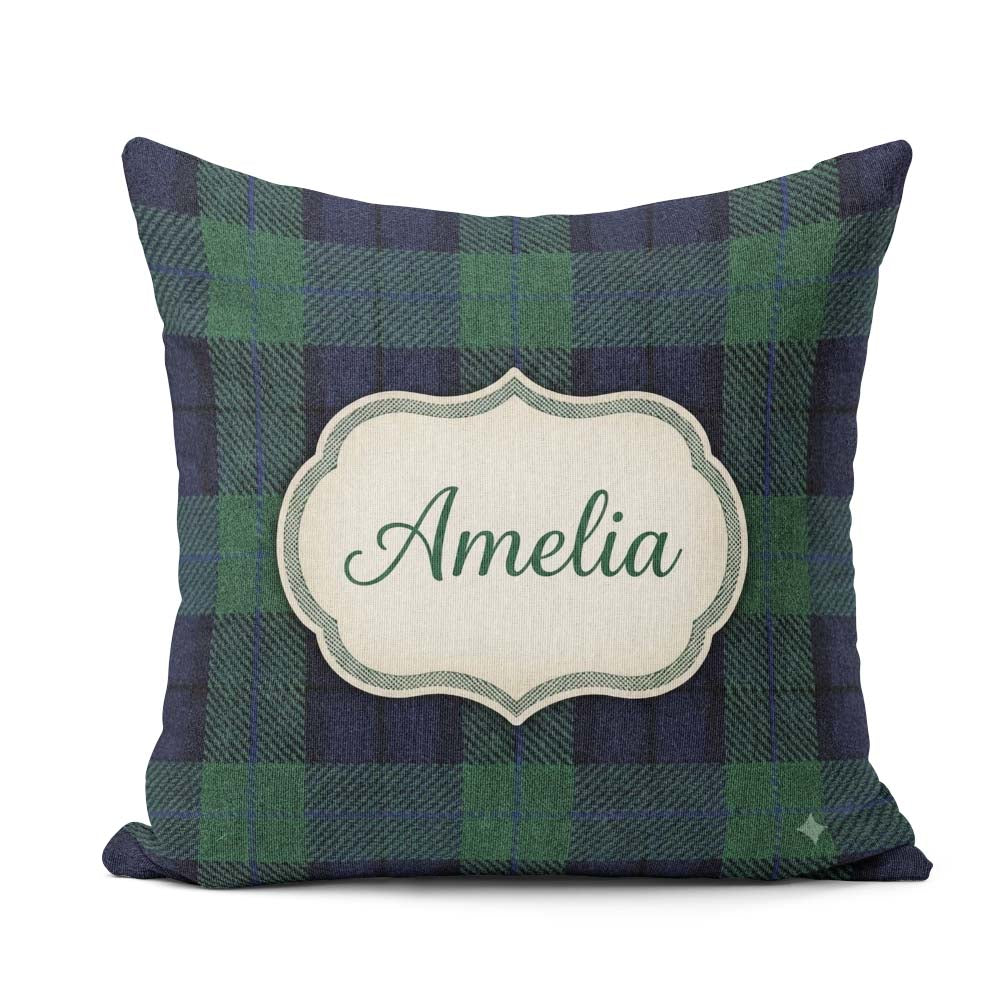 Custom Name Deep Green Navy Classic Tartan Plaid Texture Pattern Square Filled Cushion Throw Pillow Sofa Bed Home Decor Zip Washable UK Made