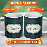 Personalized Custom Name Deep Green Navy Classic Tartan Plaid Texture Seamless Pattern Name 11oz Ceramic Coffee Tea Mug White Large Handle