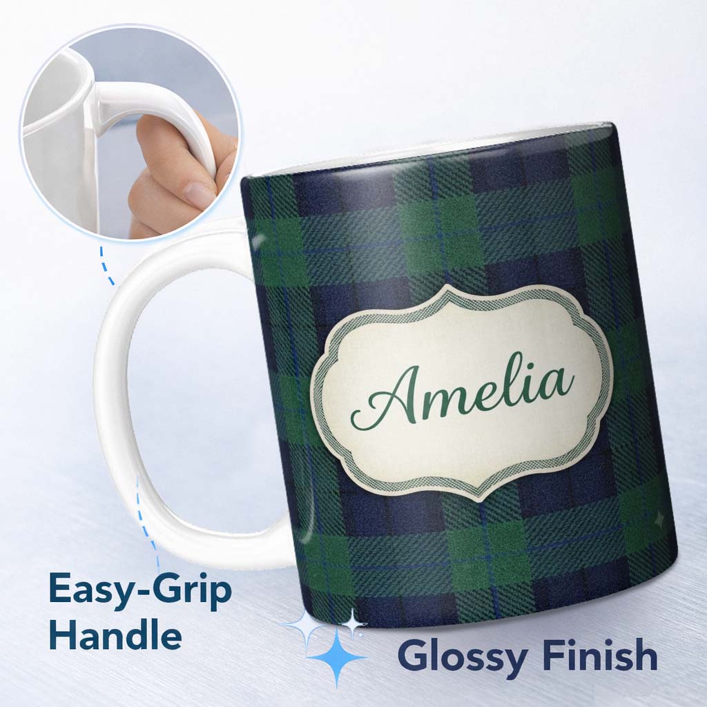 Personalized Custom Name Deep Green Navy Classic Tartan Plaid Texture Seamless Pattern Name 11oz Ceramic Coffee Tea Mug White Large Handle