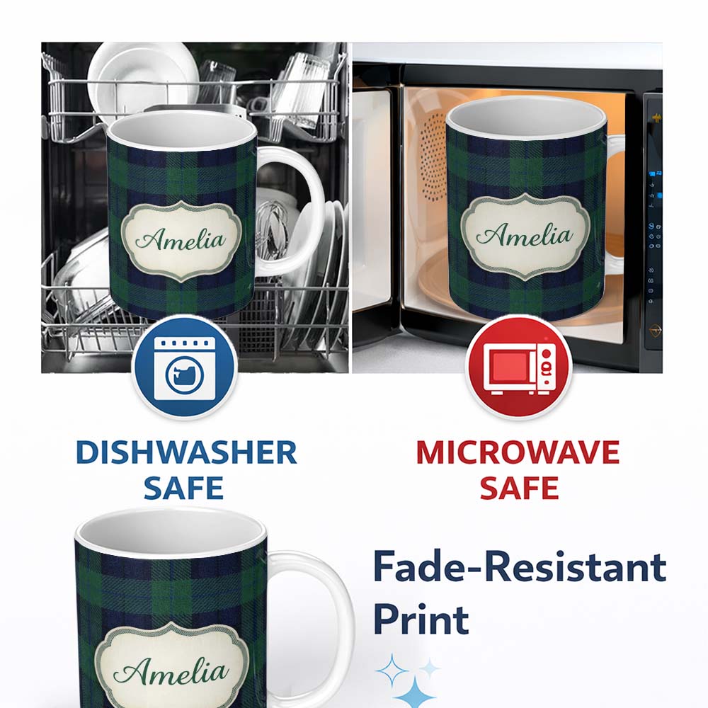 Personalized Custom Name Deep Green Navy Classic Tartan Plaid Texture Seamless Pattern Name 11oz Ceramic Coffee Tea Mug White Large Handle