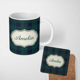 Personalized Custom Name Dark Green Blue Traditional Tartan Plaid Texture Seamless Pattern 11oz Ceramic Coffee Tea Mug White Large Handle