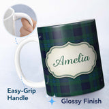 Personalized Custom Name Dark Green Blue Traditional Tartan Plaid Texture Seamless Pattern 11oz Ceramic Coffee Tea Mug White Large Handle