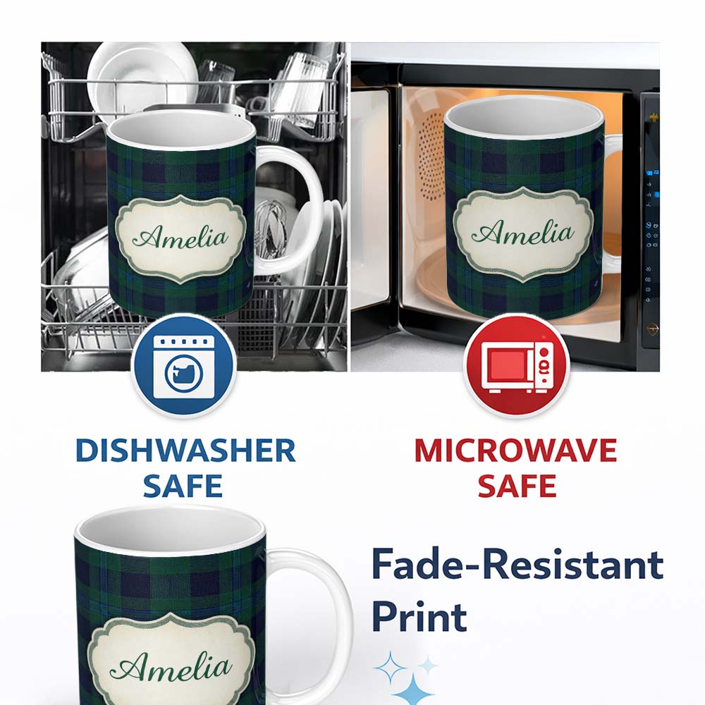 Personalized Custom Name Dark Green Blue Traditional Tartan Plaid Texture Seamless Pattern 11oz Ceramic Coffee Tea Mug White Large Handle