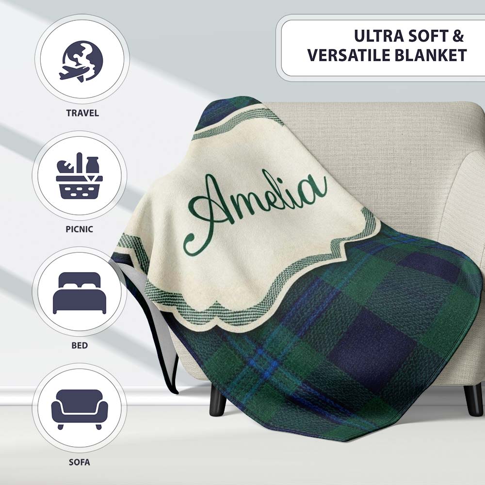 Dark Green Blue Traditional Tartan Plaid Texture Seamless Pattern  Personalised Custom Name Super Soft Fleece Blanket Bed Sofa Throw