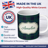 Personalized Custom Name Dark Green Blue Traditional Tartan Plaid Texture Seamless Pattern 11oz Ceramic Coffee Tea Mug White Large Handle