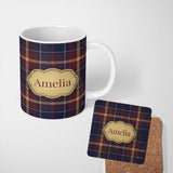 Personalized Custom Name Rich Red Navy Gold Classic Tartan Plaid Texture Seamless Pattern 11oz Ceramic Coffee Tea Mug White Large Handle
