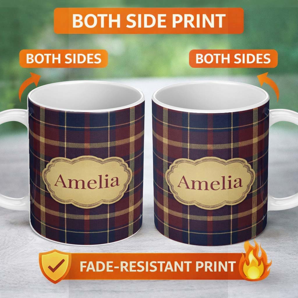 Personalized Custom Name Rich Red Navy Gold Classic Tartan Plaid Texture Seamless Pattern 11oz Ceramic Coffee Tea Mug White Large Handle