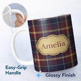 Personalized Custom Name Rich Red Navy Gold Classic Tartan Plaid Texture Seamless Pattern 11oz Ceramic Coffee Tea Mug White Large Handle