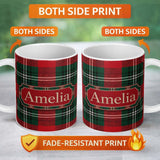 Personalized Custom Name Bright Red Green Scottish Tartan Plaid Texture Seamless Pattern 11oz Ceramic Coffee Tea Mug White Large Handle