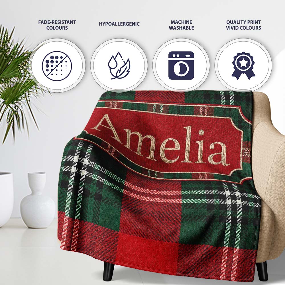Bright Red Green Scottish Tartan Plaid Texture Seamless Pattern  Personalised Custom Name Super Soft Fleece Blanket Bed Sofa Throw