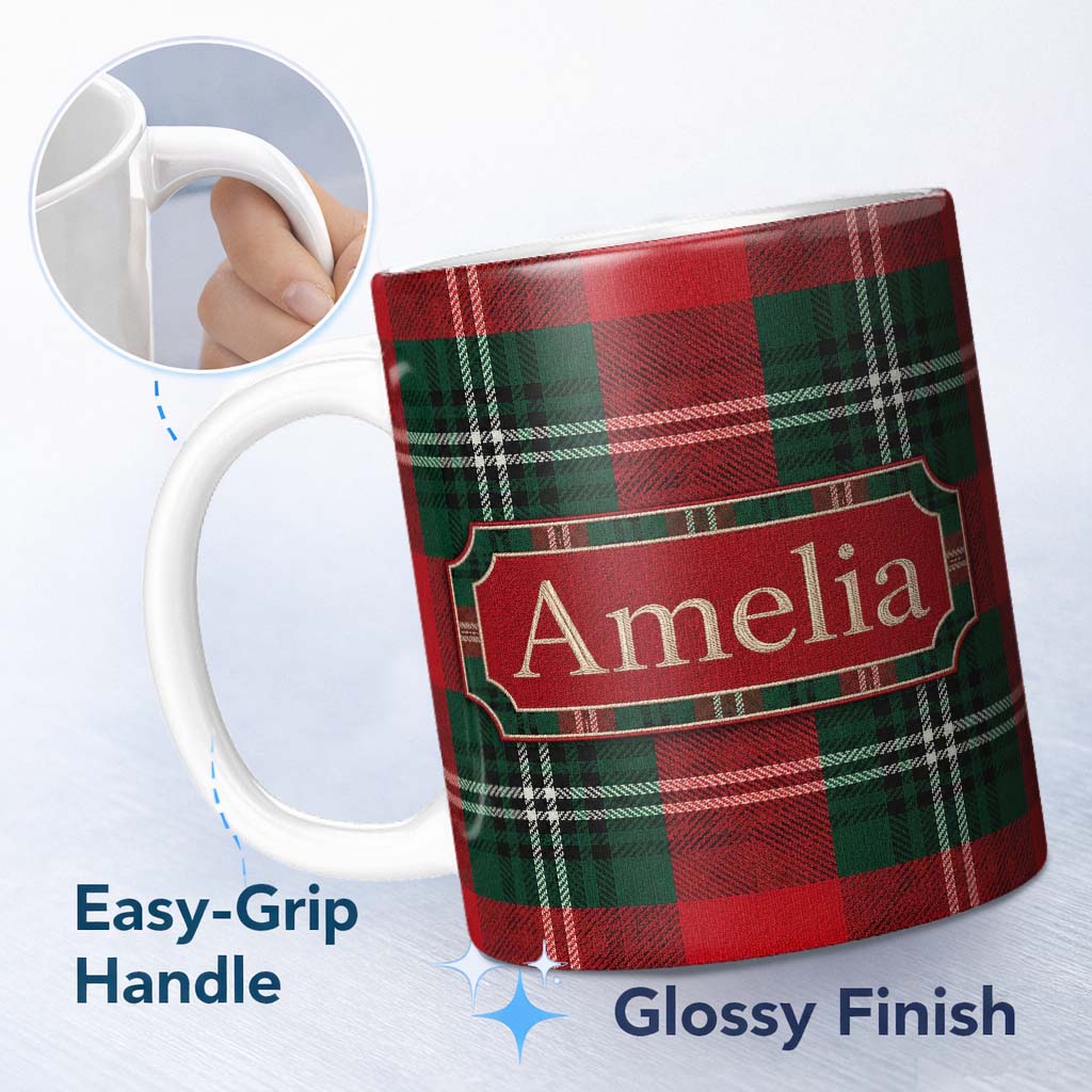 Personalized Custom Name Bright Red Green Scottish Tartan Plaid Texture Seamless Pattern 11oz Ceramic Coffee Tea Mug White Large Handle