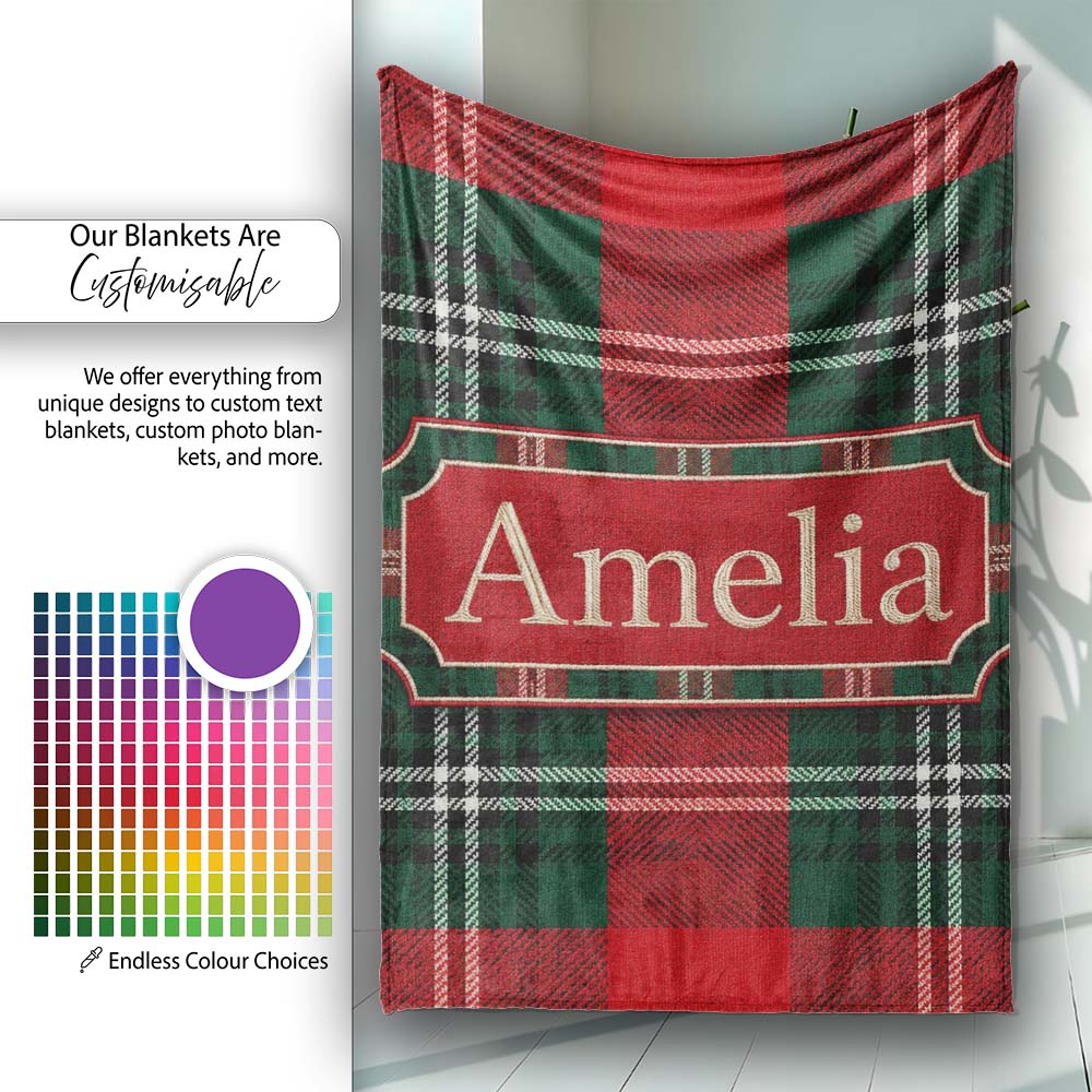 Bright Red Green Scottish Tartan Plaid Texture Seamless Pattern  Personalised Custom Name Super Soft Fleece Blanket Bed Sofa Throw