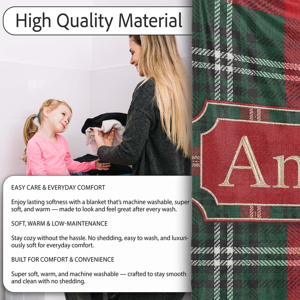 Bright Red Green Scottish Tartan Plaid Texture Seamless Pattern  Personalised Custom Name Super Soft Fleece Blanket Bed Sofa Throw
