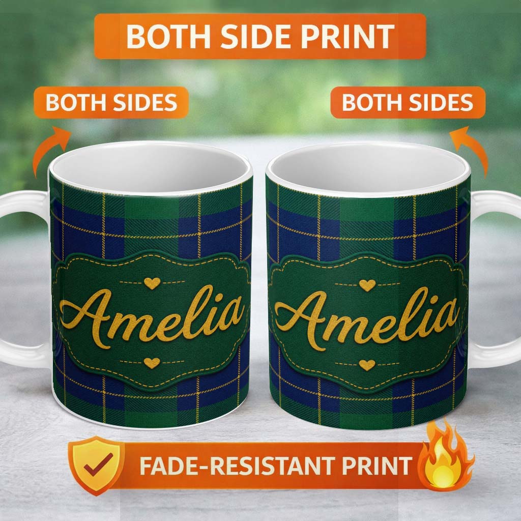 Personalized Custom Name Blue Green Gold Traditional Tartan Plaid Texture Seamless Pattern 11oz Ceramic Coffee Tea Mug White Large Handle