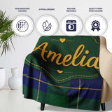Blue Green Gold Traditional Tartan Plaid Texture Seamless Pattern  Personalised Custom Name Super Soft Fleece Blanket Bed Sofa Throw