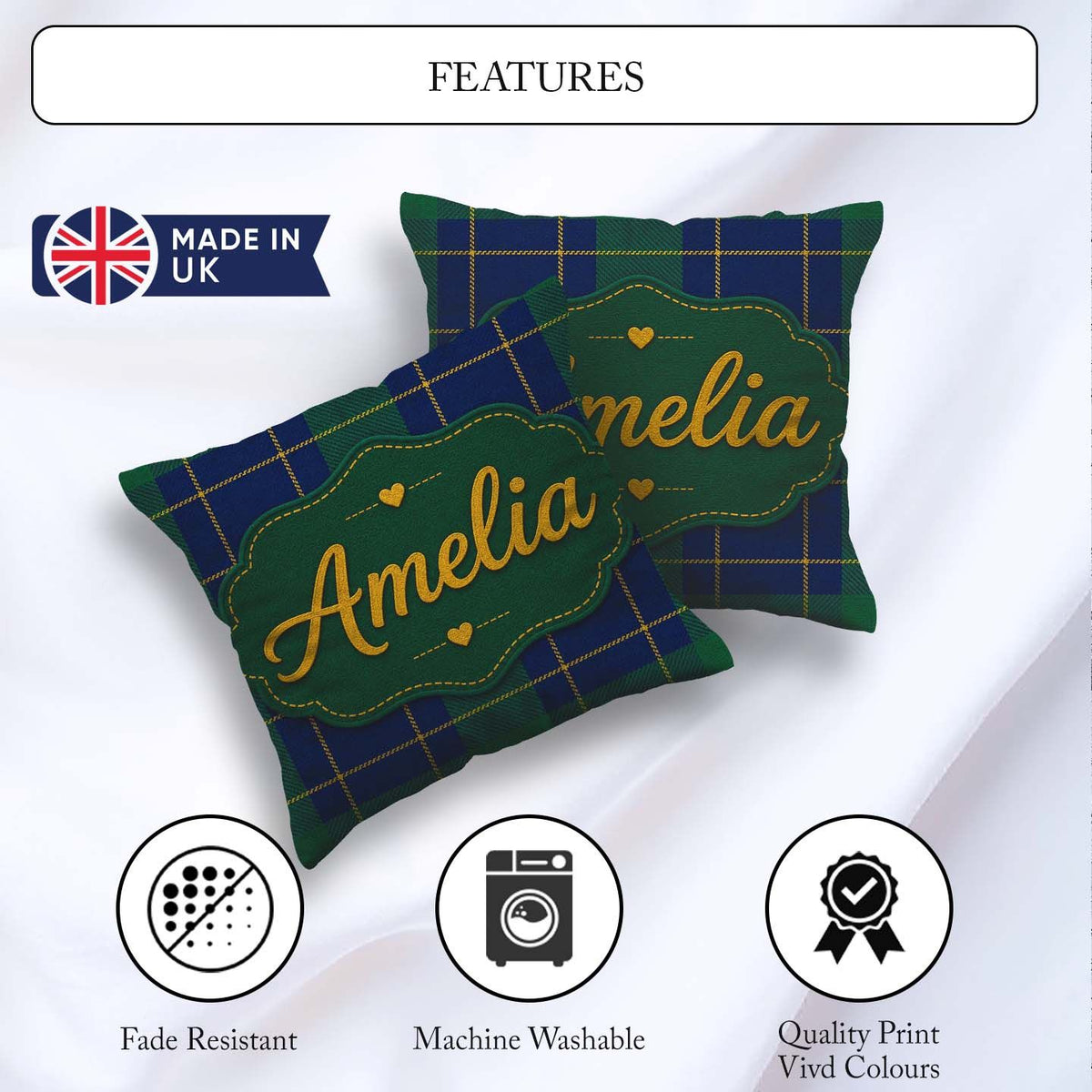 Custom Name Blue Green Traditional Tartan Plaid Texture Seamless Square Filled Cushion Throw Pillow Sofa Bed Home Decor Zip Washable UK Made
