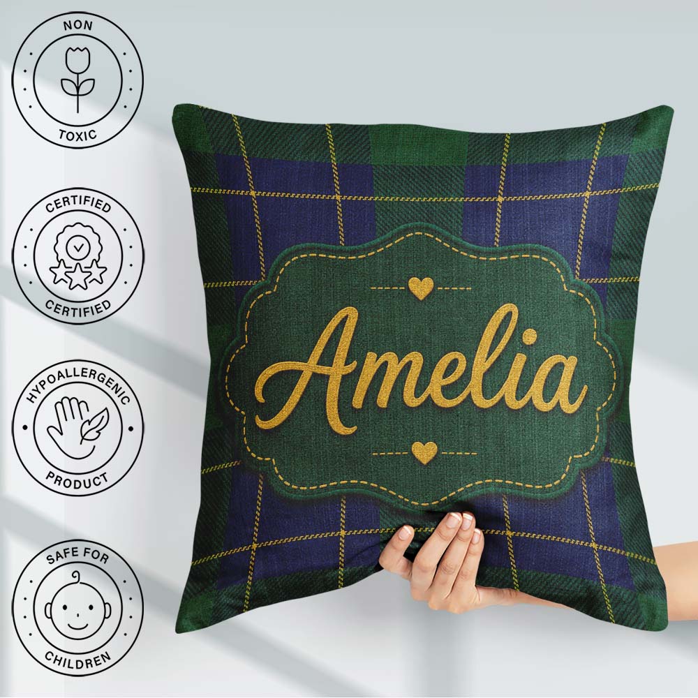 Custom Name Blue Green Traditional Tartan Plaid Texture Seamless Square Filled Cushion Throw Pillow Sofa Bed Home Decor Zip Washable UK Made