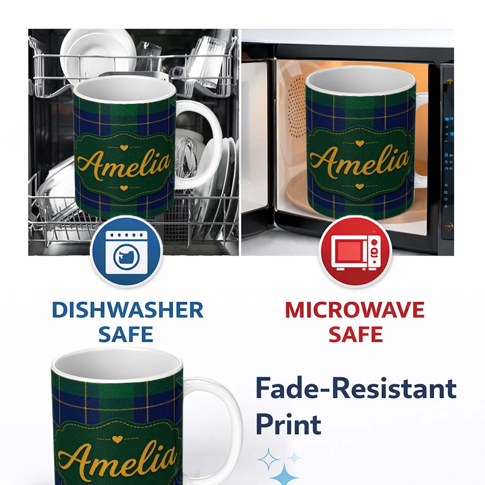 Personalized Custom Name Blue Green Gold Traditional Tartan Plaid Texture Seamless Pattern 11oz Ceramic Coffee Tea Mug White Large Handle