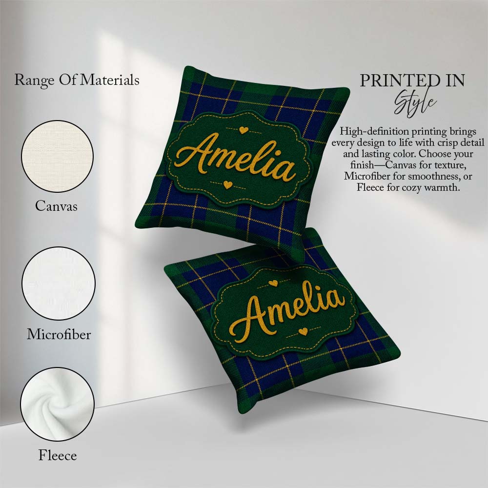 Custom Name Blue Green Traditional Tartan Plaid Texture Seamless Square Filled Cushion Throw Pillow Sofa Bed Home Decor Zip Washable UK Made