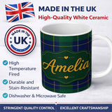 Personalized Custom Name Blue Green Gold Traditional Tartan Plaid Texture Seamless Pattern 11oz Ceramic Coffee Tea Mug White Large Handle