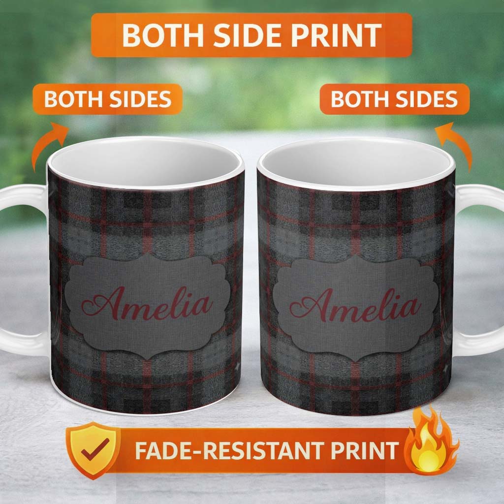 Personalized Custom Name Charcoal Grey Red Rustic Tartan Plaid Texture Seamless Pattern Name 11oz Ceramic Coffee Tea Mug White Large Handle