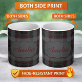 Personalized Custom Name Charcoal Grey Red Rustic Tartan Plaid Texture Seamless Pattern Name 11oz Ceramic Coffee Tea Mug White Large Handle