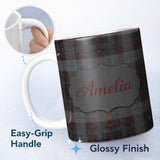 Personalized Custom Name Charcoal Grey Red Rustic Tartan Plaid Texture Seamless Pattern Name 11oz Ceramic Coffee Tea Mug White Large Handle
