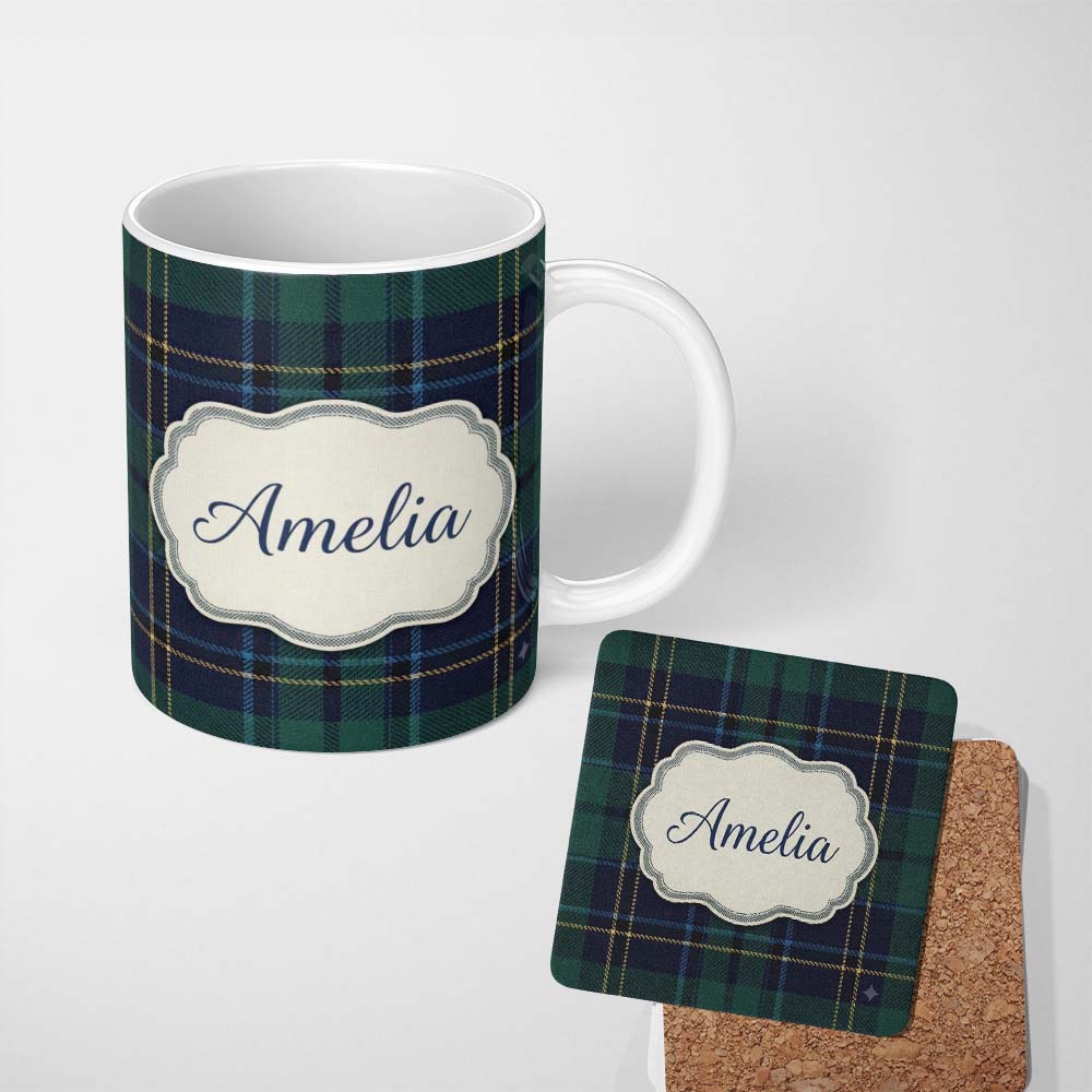 Personalized Custom Name Deep Green Navy Gold Classic Tartan Plaid Texture Seamless Pattern 11oz Ceramic Coffee Tea Mug White Large Handle