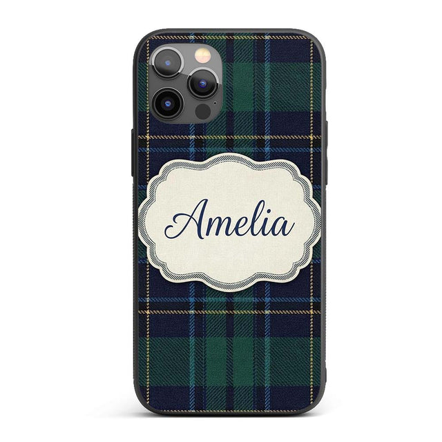 Deep Green Navy Gold Classic Tartan Plaid Texture Custom Name Protective Phone Case Mobile Cover Durable Everyday Smartphone Shock Resistant