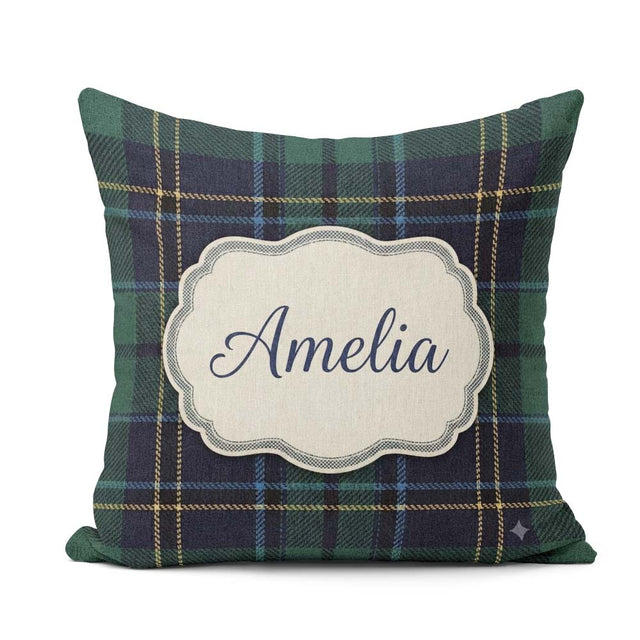 Custom Name Deep Green Navy Gold Classic Tartan Texture Seamless Square Filled Cushion Throw Pillow Sofa Bed Home Decor Zip Washable UK Made