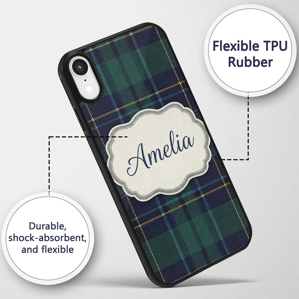 Deep Green Navy Gold Classic Tartan Plaid Texture Custom Name Protective Phone Case Mobile Cover Durable Everyday Smartphone Shock Resistant