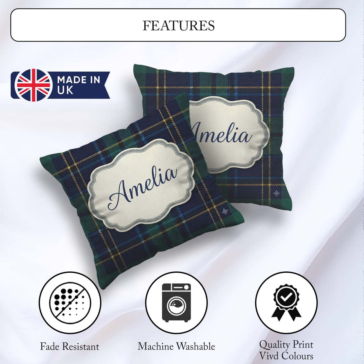 Custom Name Deep Green Navy Gold Classic Tartan Texture Seamless Square Filled Cushion Throw Pillow Sofa Bed Home Decor Zip Washable UK Made