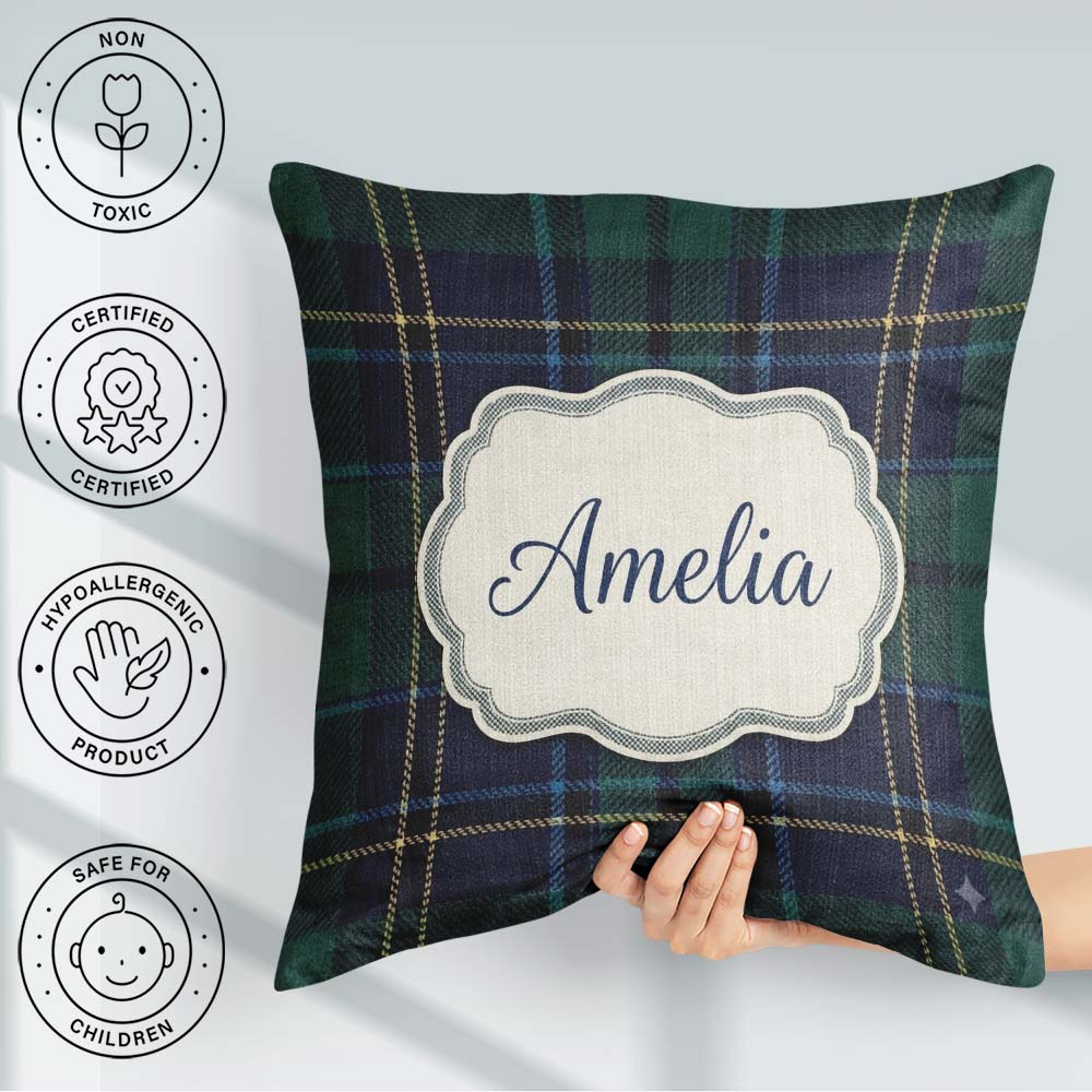Custom Name Deep Green Navy Gold Classic Tartan Texture Seamless Square Filled Cushion Throw Pillow Sofa Bed Home Decor Zip Washable UK Made