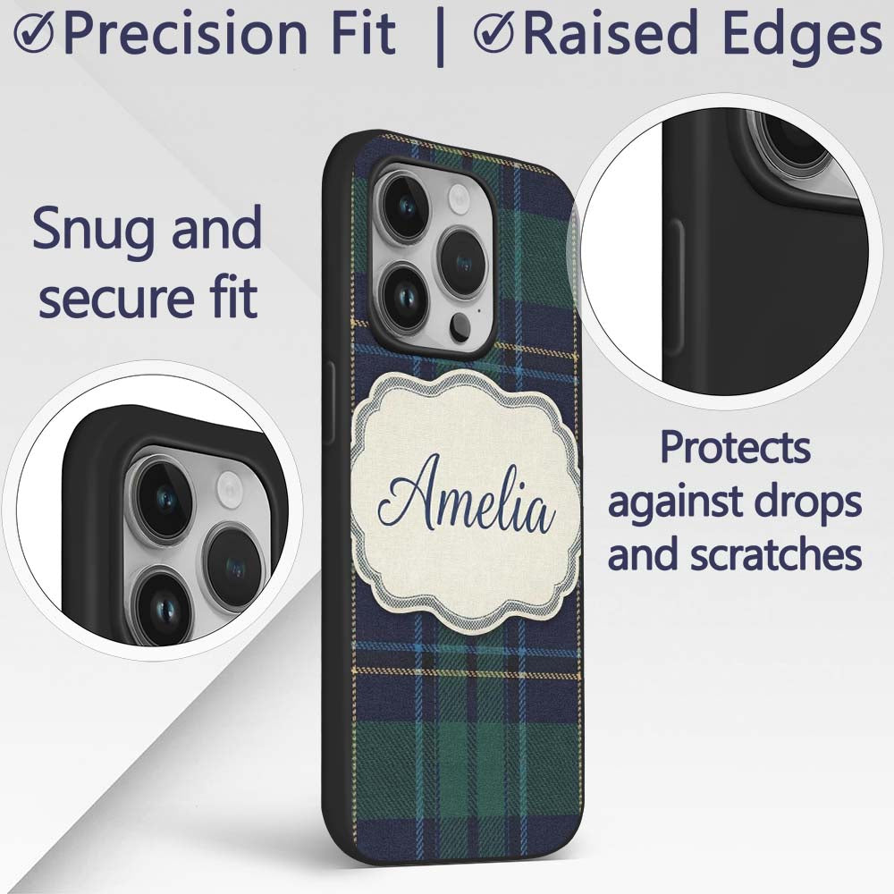 Deep Green Navy Gold Classic Tartan Plaid Texture Custom Name Protective Phone Case Mobile Cover Durable Everyday Smartphone Shock Resistant